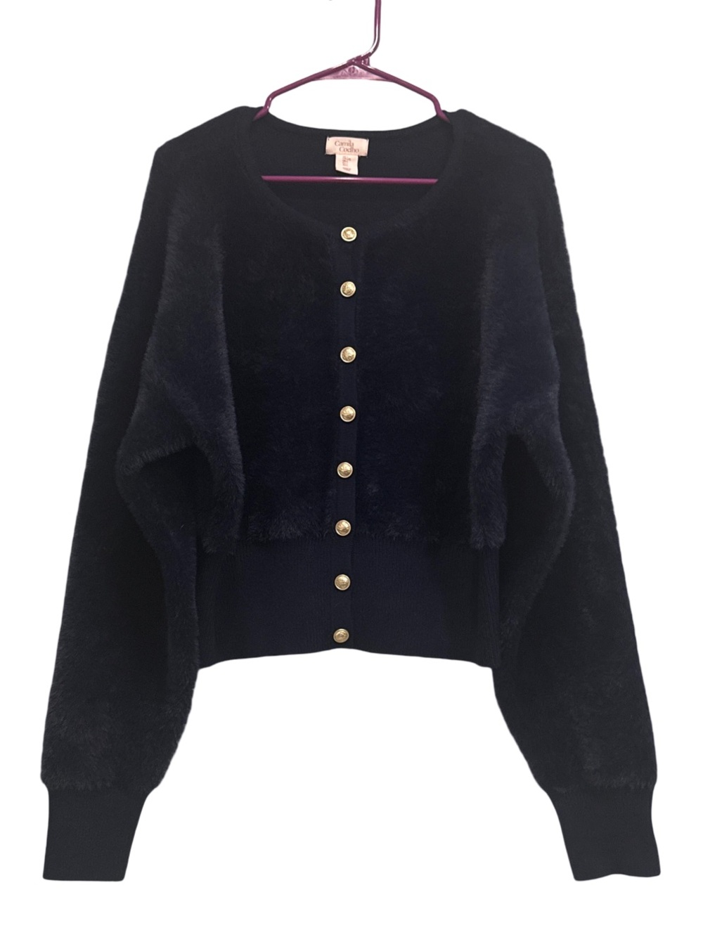 Camila Coelho Navy Blue Fuzzy Cardigan Sweater Gold Buttons Size L